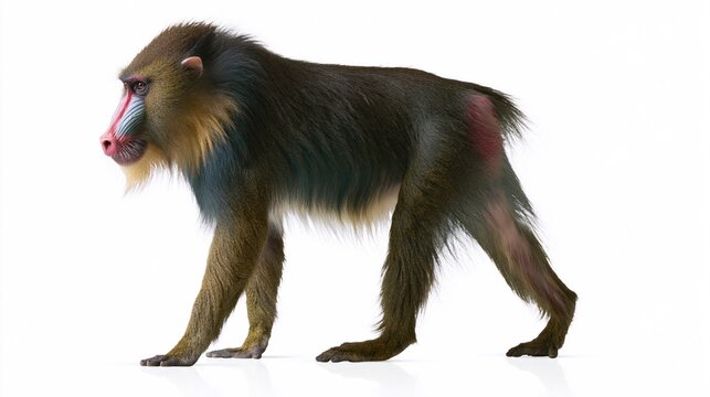 Adult male mandrill (Mandrillus sphinx) walking in side profile, isolated on white background