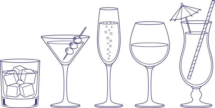 Blue line art vector illustration set of alcoholic cocktails and drinks in various glasses