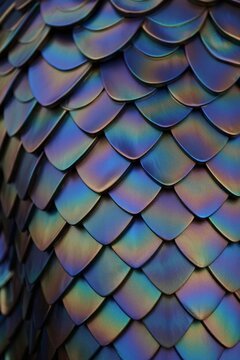 Closeup of iridescent metallic scales pattern shiny colorshifting dragon or mermaid scale texture with blue, purple, and green gradients