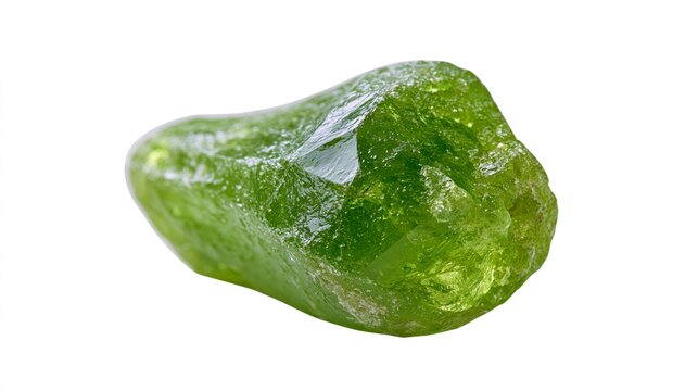 Macro shot of a raw, natural green peridot gemstone crystal isolated on white background