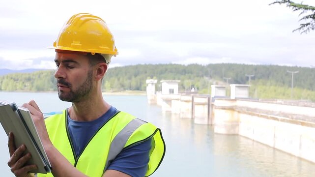 Hydroelectric Infrastructure Engineer Holding Notebook and Writing Inspection Notes 