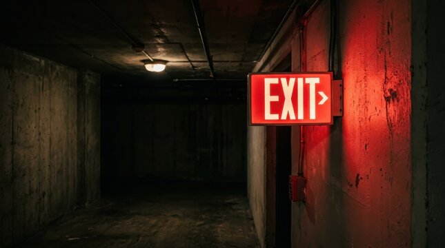 Glowing red exit sign mounted on a dark concrete wall in a dim corridor