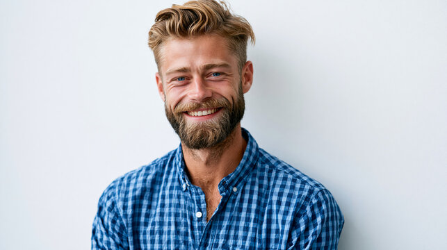 Smiling bearded man in blue checkered shirt on white background representing approachable professional personality, casual professional concept, portrait photography, clean white