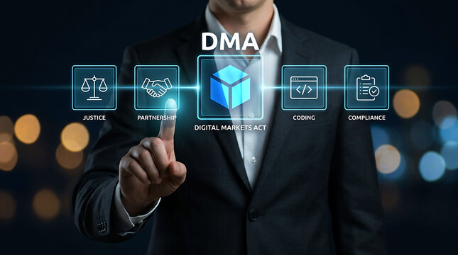 Businessman touching DMA Digital Markets Act icon compliance justice law coding