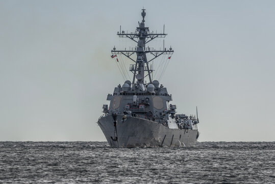 GUIDED MISSILE DESTROYER - An American warship sails on the sea
