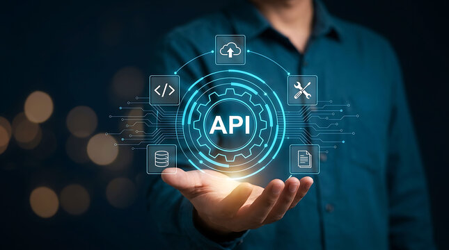 Software developer holding API application programming interface icon tech concept