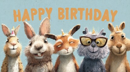 Fototapeta premium Adorable Woodland Animals Celebrating Birthday Together With Cheerful Party Hats