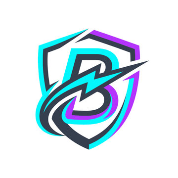 Modern Letter B Gaming Logo with Lightning Bolt and Shield