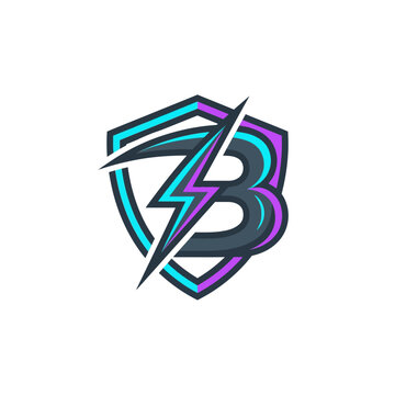 Modern Letter B Gaming Logo with Lightning Bolt and Shield