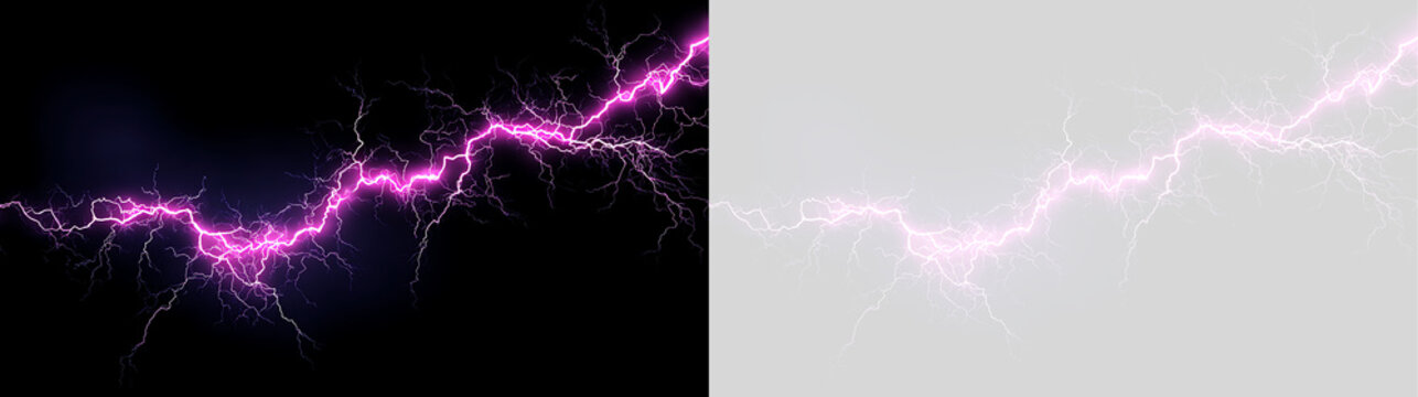 Glowing pink lightning strike on black and transparent background. Purple electric discharge overlay. High voltage thunderbolt graphic asset