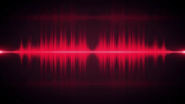 Vibrant red digital sound wave visualization pulsating across a dark background, representing abstract audio frequency and data analysis in a modern, dynamic display