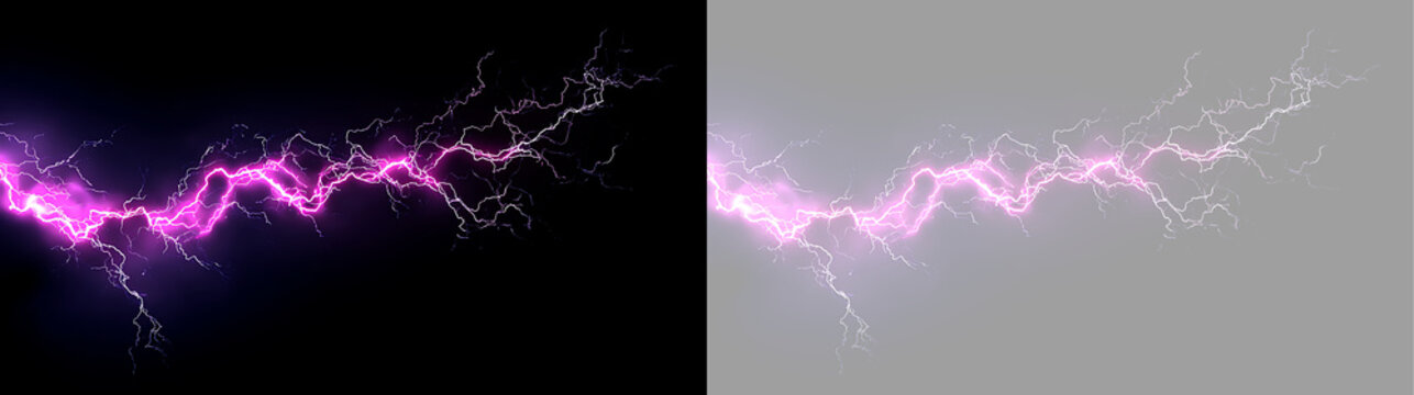 Bright purple electrical arc on a black and transparent background. Dynamic jagged lightning strike and glowing plasma effect. Sci-fi energy flash