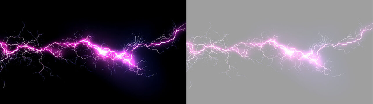 Intense magenta lightning flash across a split black and transparent background. Glowing electric discharge and branching energy bolt. High voltage power effect