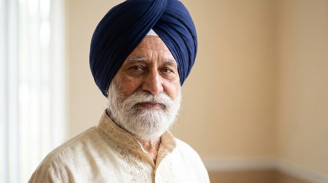 Portrait of a smiling senior Sikh man wearing a blue turban