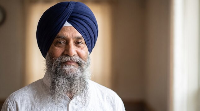 Portrait of a Smiling Senior Sikh Man Wearing a Blue Turban