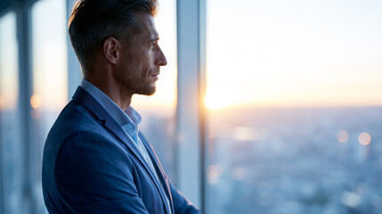 Fototapeta premium Confident businessman observing vibrant city skyline at sunrise from luxurious office representing executive vision and ambition, executive vision concept, corporate photography,