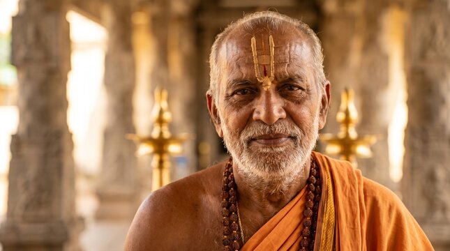 Portrait of an Elderly Hindu Priest inside a South Indian Temple