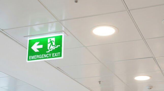 Illuminated green emergency exit sign on a white ceiling