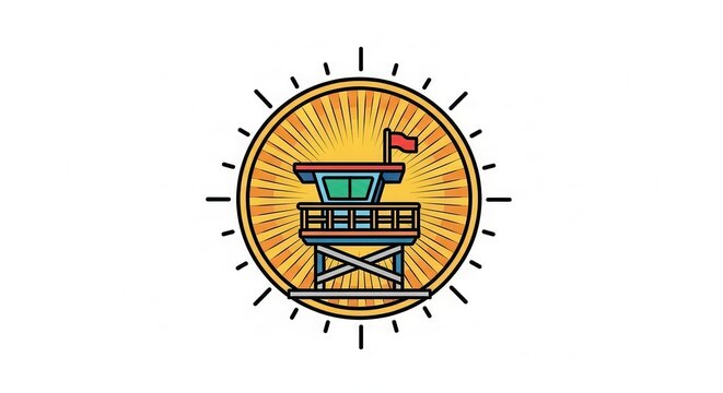 Lifeguard tower icon with sun