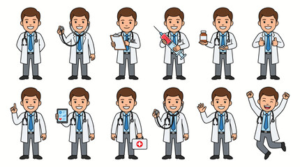 Fototapeta premium Cartoon doctor character in 12 poses. Male physician set with medical equipment and tools.