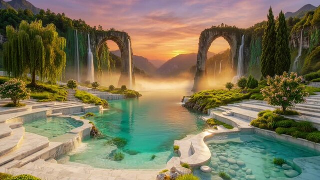 Breathtaking Fantasy Waterfall Landscape with Sunsetting Sky and Terraced Marble Water Basins