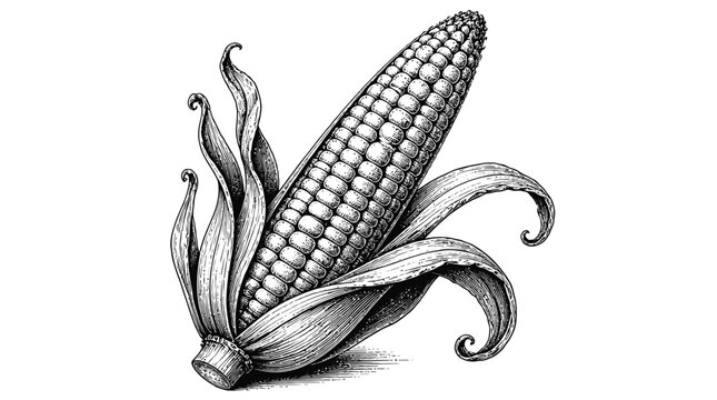 Corn ear with husk and silk strands botanical drawing