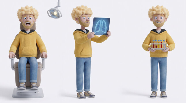 Three 3D cartoon illustrations of a young man in medical situations: scared in dental chair, holding lung X-ray, and holding blood test tubes. Great for healthcare, medical diagnostics.
