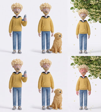 Set of six 3D cartoon illustrations of a young man with curly blonde hair showing allergic reactions. Includes scenes with inhaler, golden retriever dog, and pollen from flowering trees. 