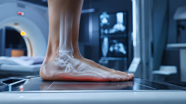Flat Feet Foot Arch Radiology Concept with Plantar Fascia Strain, Photorealistic Medical Imaging in Clinical Hospital Setting for Healthcare, Orthopedic Education, Diagnosis and Patient Awareness