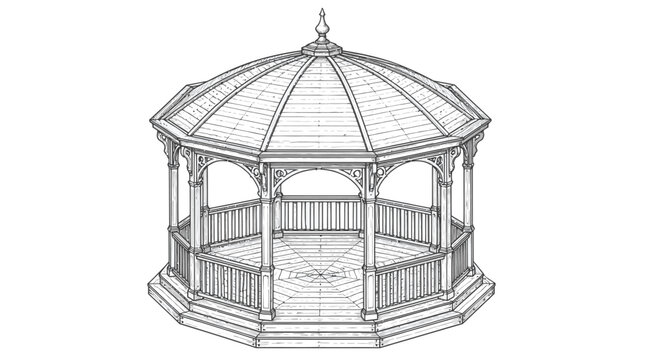 Octagonal gazebo with domed roof and railings architectural drawing