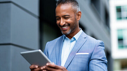 Fototapeta premium Focused successful mature Indian or Latin entrepreneur businessman holding digital tablet standing outdoor at business office building as Hispanic smiling man in suit using