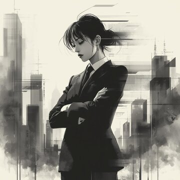 腕を組むビジネス女性のモノクロアート