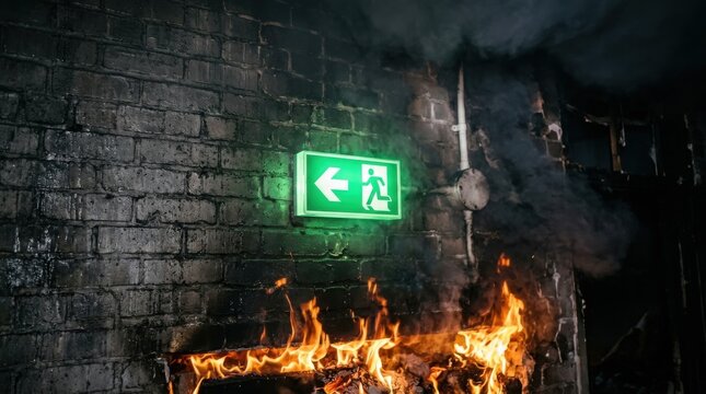 Emergency exit sign glowing above a fire on a dark brick wall