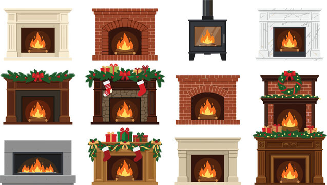 Fireplace Vector Element Set with Classic Brick, Marble, Wood, and Christmas Decorated Holiday Hearth Designs
