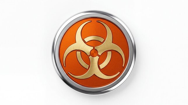 Shiny metallic biohazard symbol with golden texture and chrome frame presented on white background
