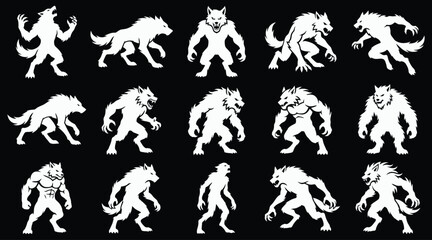 Obraz premium A comprehensive halloween vector bundle featuring various white silhouette werewolf character designs isolated on a solid black background for horror themed graphic projects