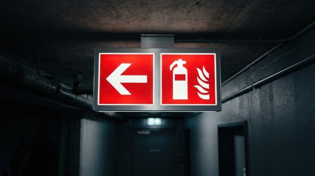Illuminated fire extinguisher sign with directional arrow in dark hallway