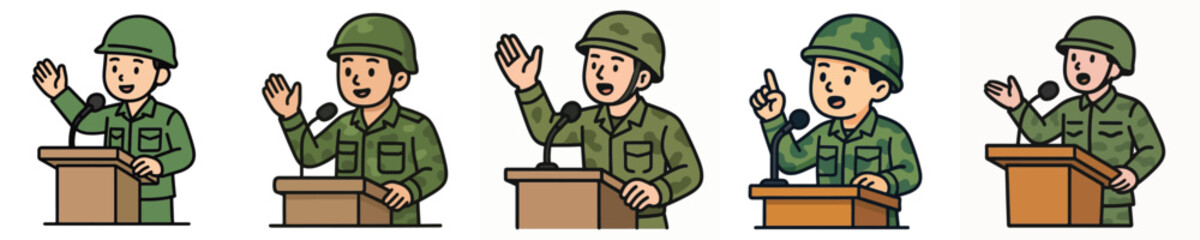 Fototapeta premium Set of vector illustrations of a soldier giving a speech