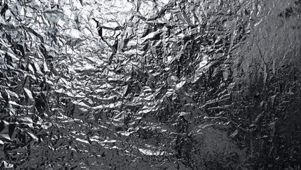 Crumpled Silver Foil Textured Background with Reflective Shimmer