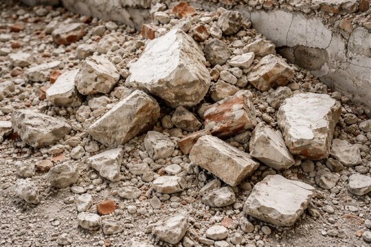 Piled Construction Debris with Crushed Stones and Bricks on Ground