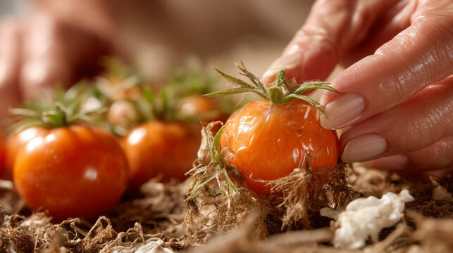 Close-up of fresh ripe cherry tomatoes being picked with tomatoes vegetable gardening