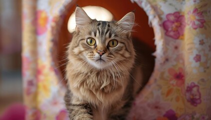 Siberian Cat Sitting Playfully in a Flower Patterned Cat House © Emin