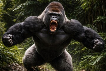 Aggressive Gorilla Roaring in Lush Jungle Environment with Dramatic Lighting © Emin