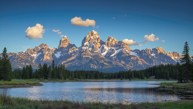 Majestic Mountain Range Reflected in Calm Lake Under Clear Blue Sky