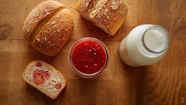 Fresh Breads with Strawberry Jam and Milk on a Wooden Table