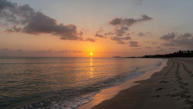 Sunset Over Calm Ocean with Reflections on a Beach Shore