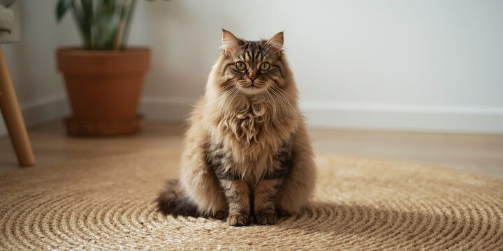 Fluffy Maine Coon Cat Sitting on a Round Rug in a Cozy Living Room
