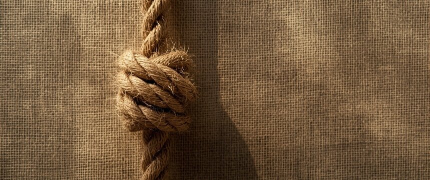 Closeup of a Knotted Rope on Burlap Texture Background