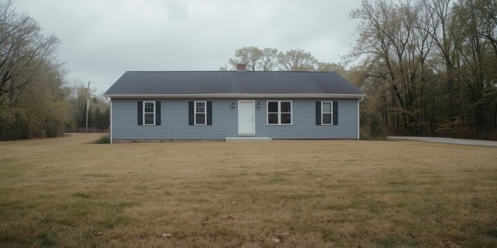 Single-Story Blue House with Gray Roof on an Overcast Day