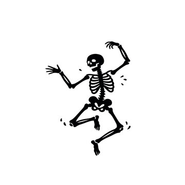 A clean black and white vector silhouette of a dancing skeleton for halloween